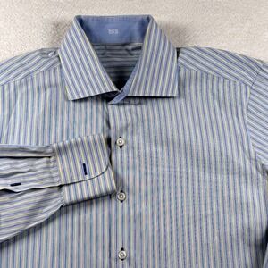 J. Hilburn Flannel Shirt Mens Large Blue Yellow Striped Casual Wear Button Up